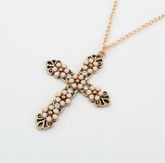 Vintage All Matched Rhinestoned Bead Embellished Cross Pendant Alloy Sweater Chain Necklace