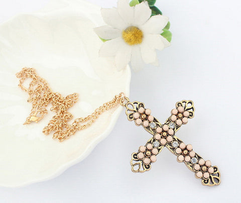 Vintage All Matched Rhinestoned Bead Embellished Cross Pendant Alloy Sweater Chain Necklace