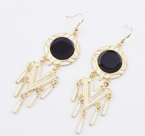 Pair of Cute Women's Colored Glaze Round Pendant Triangle Tassels Alloy Earrings