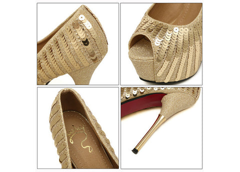 Elegant Style Sexy Gold High Heels and Sequins Design Women's Peep Toed Shoes GOLD