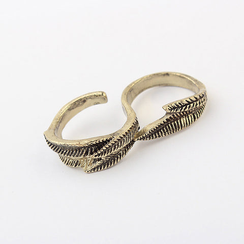 Retro Style Embellished Leaf Shape Two Finger Ring For Women