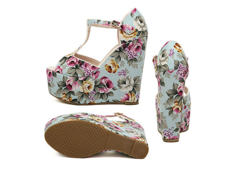 Party Floral Print and T-Strap Design Women's Wedge Heel Sandals BLUE