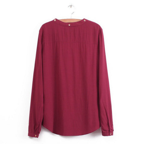 Long Sleeves Casual Shirt Blouse WINE RED