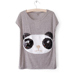 Animal Print Sequin Scoop Neck Short Sleeves Casual Style Cotton Blend Women's T-Shirt GRAY