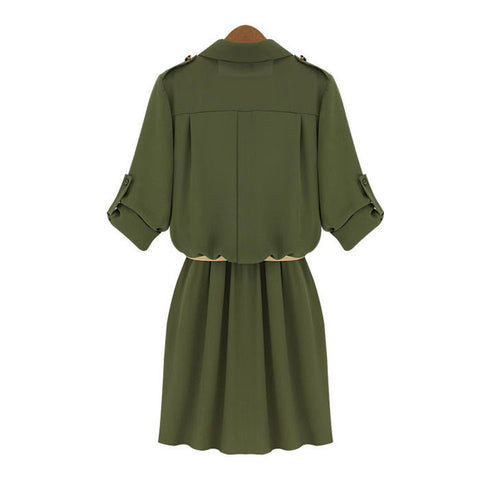 Shirt Style Short Dress 3/4 Sleeves ARMY GREEN