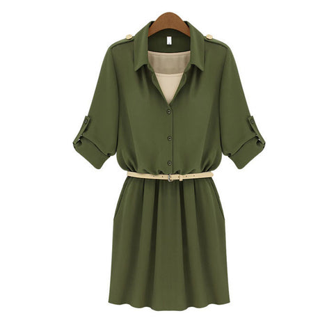 Shirt Style Short Dress 3/4 Sleeves ARMY GREEN