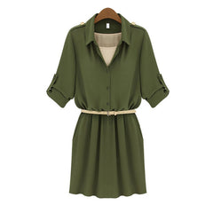 Shirt Style Short Dress 3/4 Sleeves ARMY GREEN