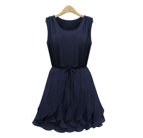 Pleated Solid Color Scoop Neck Sleeveless Refreshing Style Chiffon Women's Dress BLUE