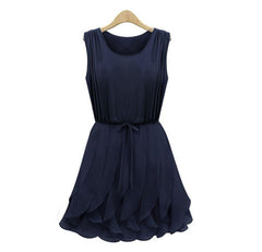 Pleated Solid Color Scoop Neck Sleeveless Refreshing Style Chiffon Women's Dress BLUE