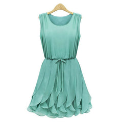 Pleated Solid Color Scoop Neck Sleeveless Refreshing Style Chiffon Women's Dress GREEN