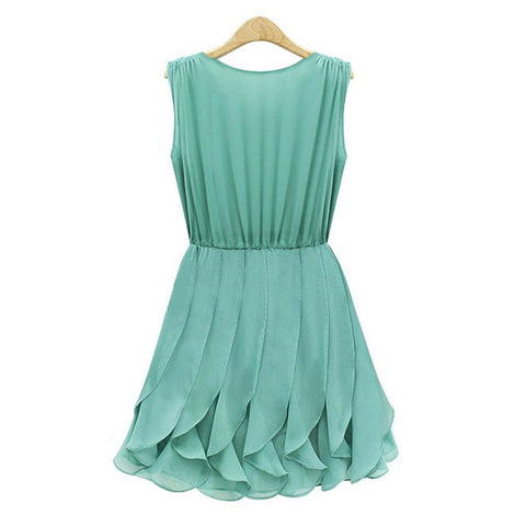Pleated Solid Color Scoop Neck Sleeveless Refreshing Style Chiffon Women's Dress GREEN