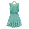 Pleated Solid Color Scoop Neck Sleeveless Refreshing Style Chiffon Women's Dress GREEN