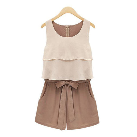 Color Block Chiffon Ladylike Style Scoop Neck Sleeveless Women's Jumpsuit BEIGE