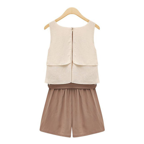 Color Block Chiffon Ladylike Style Scoop Neck Sleeveless Women's Jumpsuit BEIGE