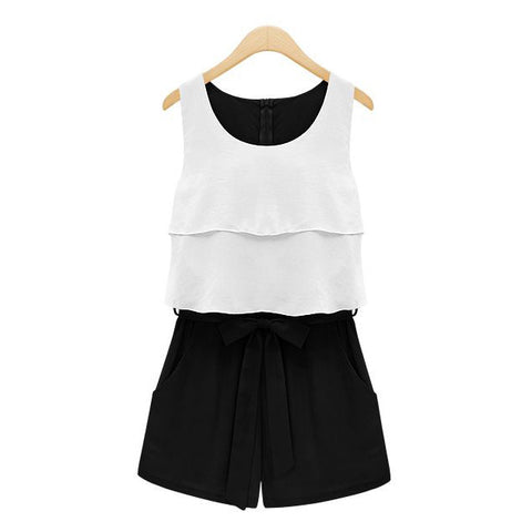 Color Block Chiffon Ladylike Style Scoop Neck Sleeveless Women's Jumpsuit BLACK