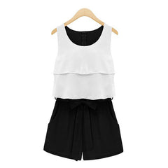 Color Block Chiffon Ladylike Style Scoop Neck Sleeveless Women's Jumpsuit BLACK