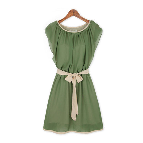 Scoop Neck Chiffon Color Block Short Sleeves Refreshing Style Women's Dress GREEN