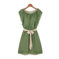 Scoop Neck Chiffon Color Block Short Sleeves Refreshing Style Women's Dress GREEN