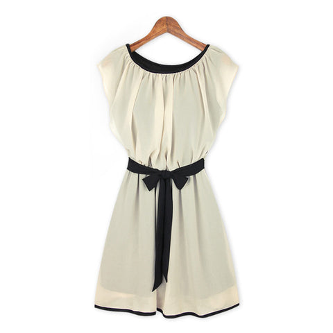 Scoop Neck Chiffon Color Block Short Sleeves Refreshing Style Women's Dress APRICOT