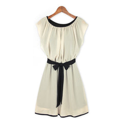 Scoop Neck Chiffon Color Block Short Sleeves Refreshing Style Women's Dress APRICOT