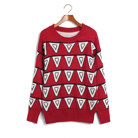 Retro Geometrical Style Acrylic Sweater RED