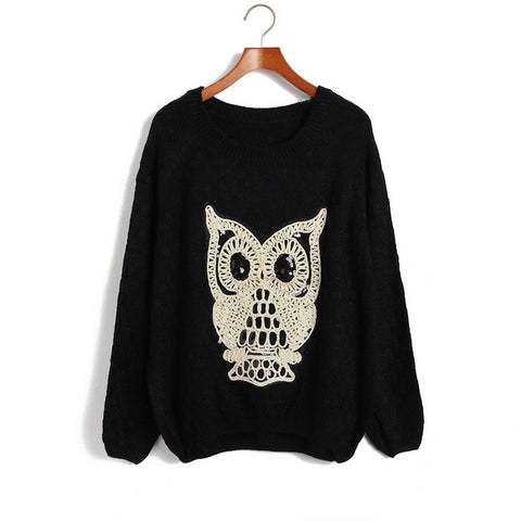 Owl Acrylic Pullover Sweater BLACK