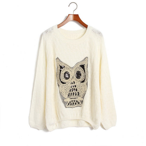 Owl Acrylic Pullover Sweater WHITE