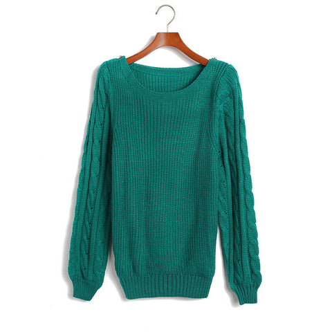 Big Braids on Sleeves Polyester Sweater GREEN