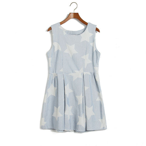 Fashion Style Scoop Neck Ruffled Stripe and Star Print Sleeveless Cotton Women's Dress BLUE