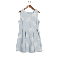 Fashion Style Scoop Neck Ruffled Stripe and Star Print Sleeveless Cotton Women's Dress BLUE