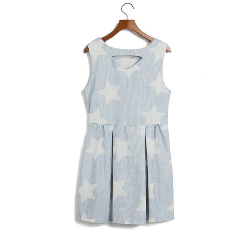 Fashion Style Scoop Neck Ruffled Stripe and Star Print Sleeveless Cotton Women's Dress BLUE