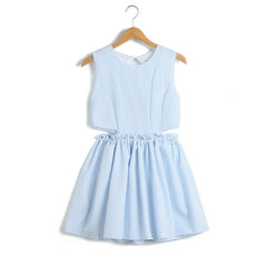Fashion Style Scoop Neck Ruffled Stripe Print Hollow Out Sleeveless Cotton Women's Dress