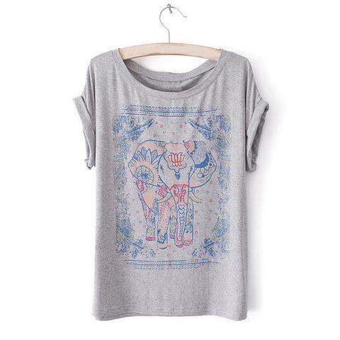 Scoop Neck Ethnic Style Elephant Print Short Sleeve Women's T-Shirt GRAY