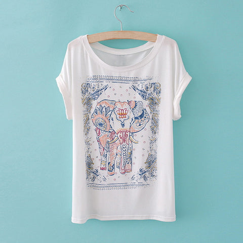 Scoop Neck Ethnic Style Elephant Print Short Sleeve Women's T-Shirt WHITE