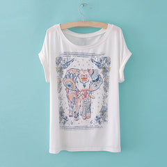 Scoop Neck Ethnic Style Elephant Print Short Sleeve Women's T-Shirt WHITE