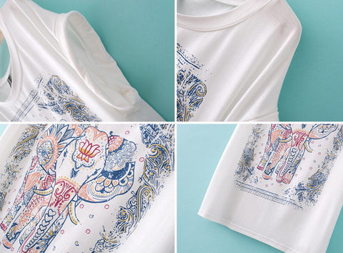 Scoop Neck Ethnic Style Elephant Print Short Sleeve Women's T-Shirt WHITE