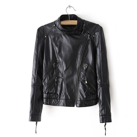 Stylish Stand Collar Zipper Embellished Buttons Decoration PU Leather Women's Coat