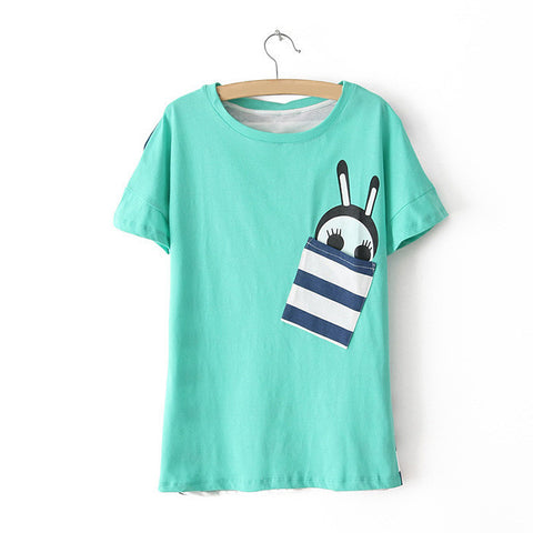 Stylish Scoop Neck Stripe and Ant Print One-Pocket Cotton Women's T-Shirt GREEN