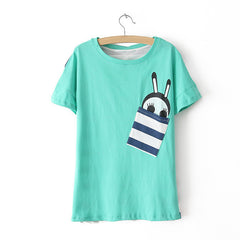 Stylish Scoop Neck Stripe and Ant Print One-Pocket Cotton Women's T-Shirt GREEN