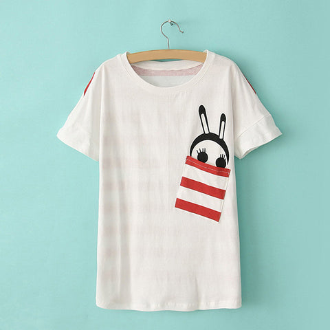 Stylish Scoop Neck Stripe and Ant Print One-Pocket Cotton Women's T-Shirt WHITE