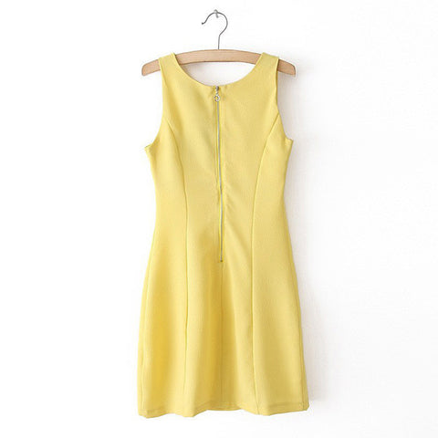 Elegant Sweatheart Neckline Faux Pockets Embellished Sleeveless Solid Color Chiffon Dress For Women YELLOW