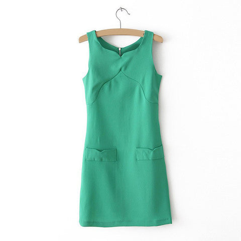 Elegant Sweatheart Neckline Faux Pockets Embellished Sleeveless Solid Color Chiffon Dress For Women GREEN