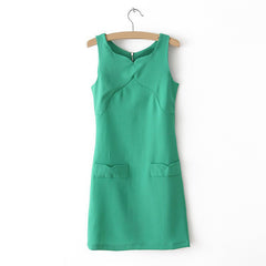 Elegant Sweatheart Neckline Faux Pockets Embellished Sleeveless Solid Color Chiffon Dress For Women GREEN