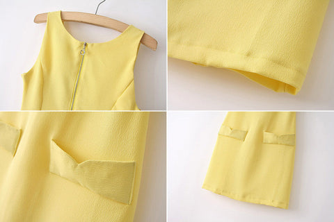 Elegant Sweatheart Neckline Faux Pockets Embellished Sleeveless Solid Color Chiffon Dress For Women YELLOW