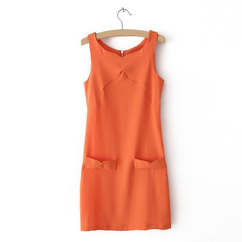 Elegant Sweatheart Neckline Faux Pockets Embellished Sleeveless Solid Color Chiffon Dress For Women ORANGE