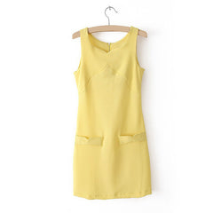 Elegant Sweatheart Neckline Faux Pockets Embellished Sleeveless Solid Color Chiffon Dress For Women YELLOW