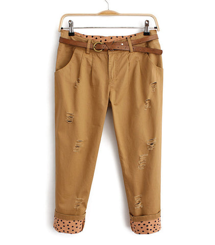 Stylish Dot Print Abraded Design Cotton Women's Pants KHAKI