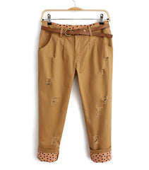 Stylish Dot Print Abraded Design Cotton Women's Pants KHAKI