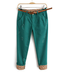 Stylish Dot Print Abraded Design Cotton Women's Pants GREEN