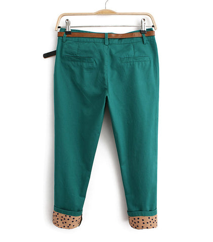 Stylish Dot Print Abraded Design Cotton Women's Pants GREEN